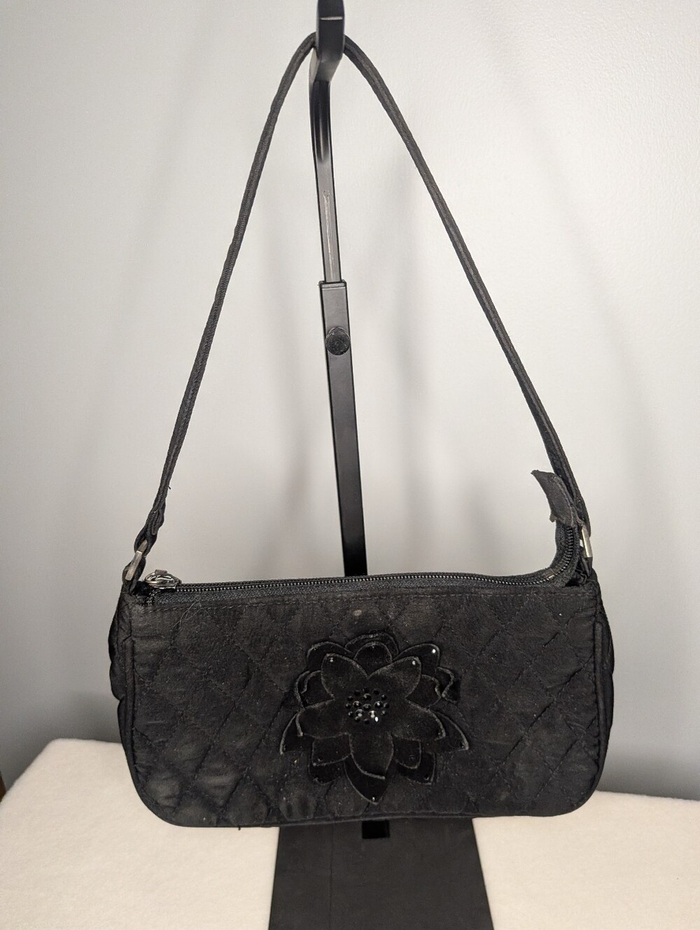 Y2K Vera Bradley Black Microfiber Floral Jewel Accent Demi Shoulder Bag
